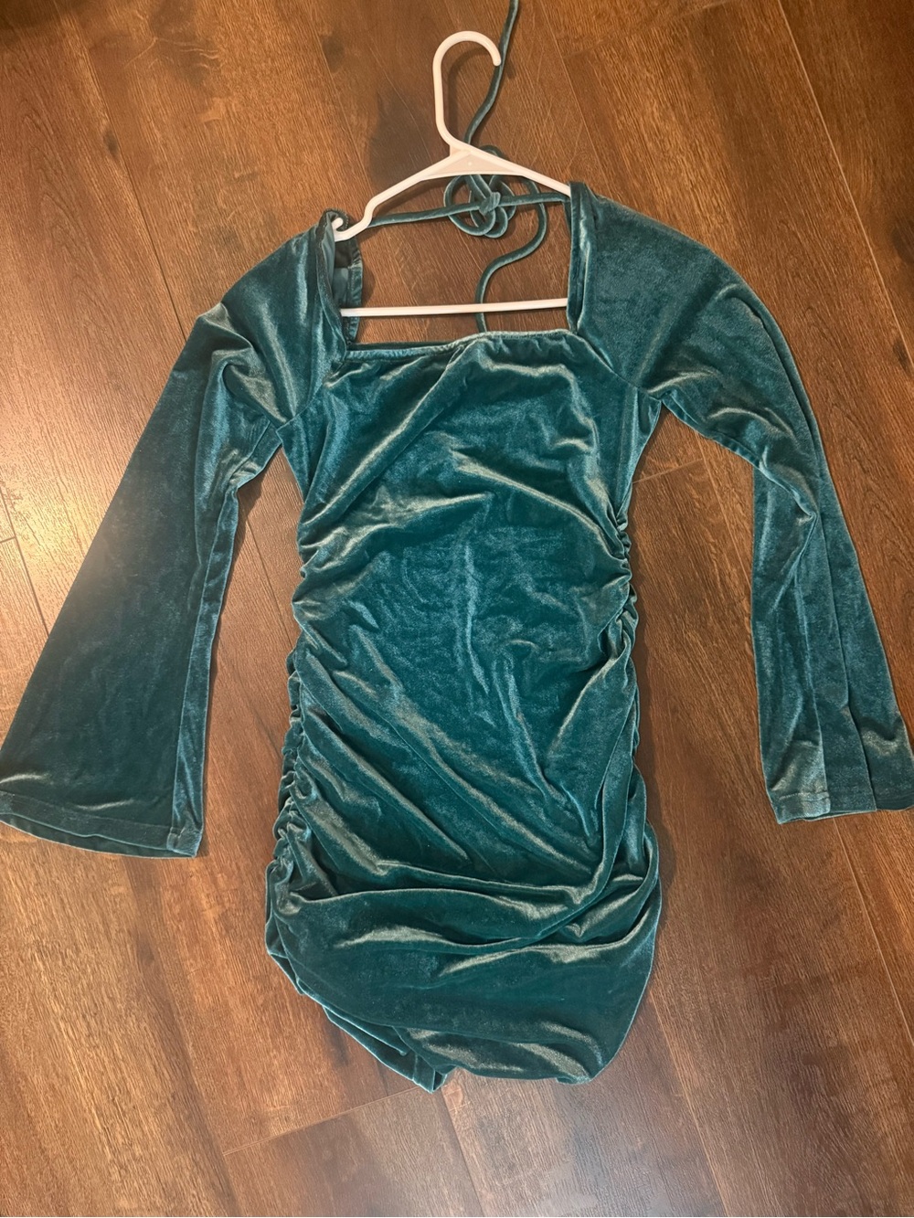 Velvet Ruched Long-Sleeve Mini Dress in Teal